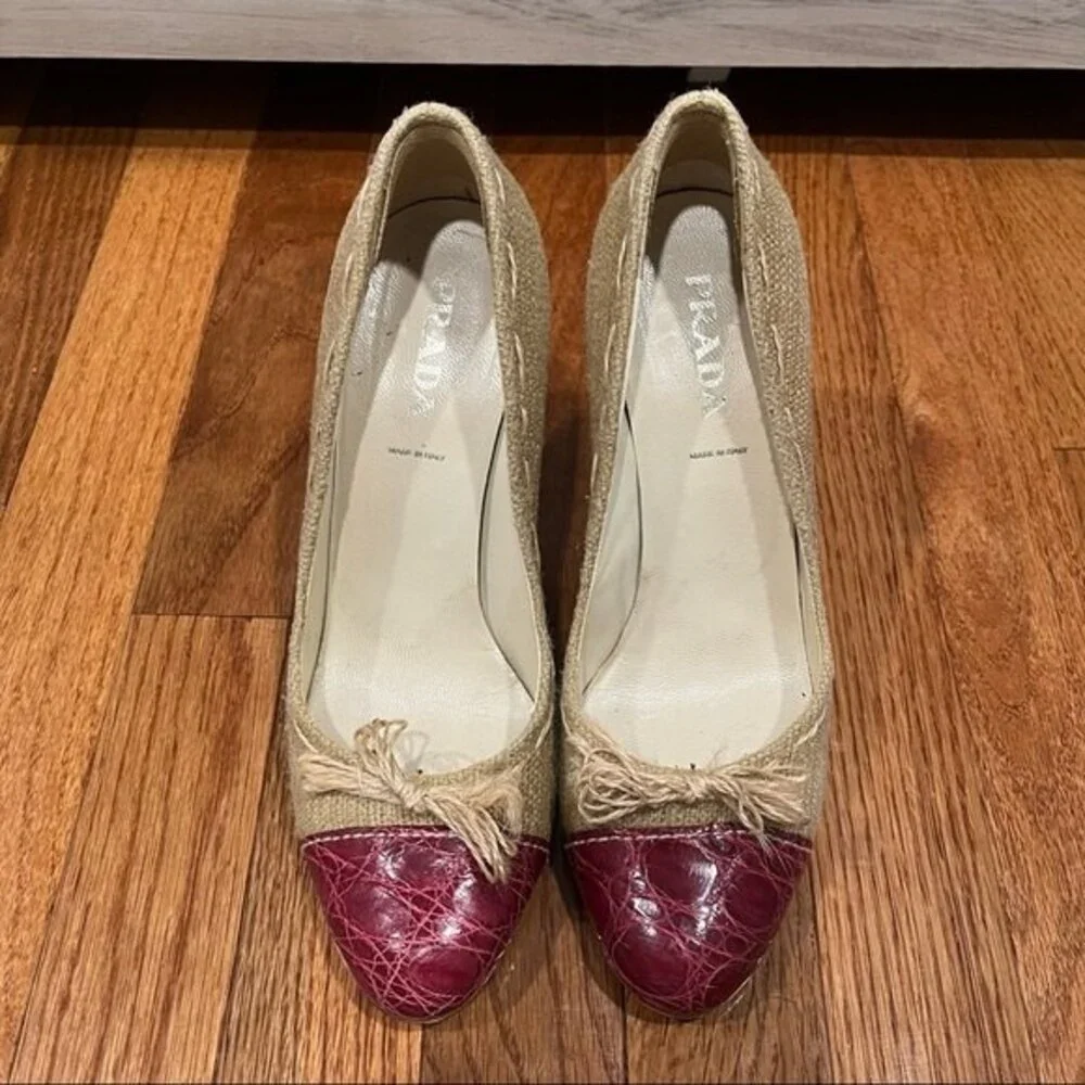Prada Cream Tweed & Red Leather Round Toe Pump Heels 38